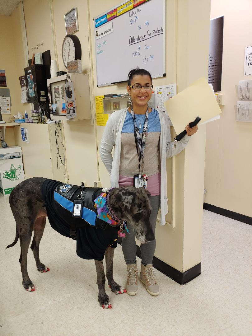 This is a photo of a Lincoln teacher standing in the school's main office next to her service dog.