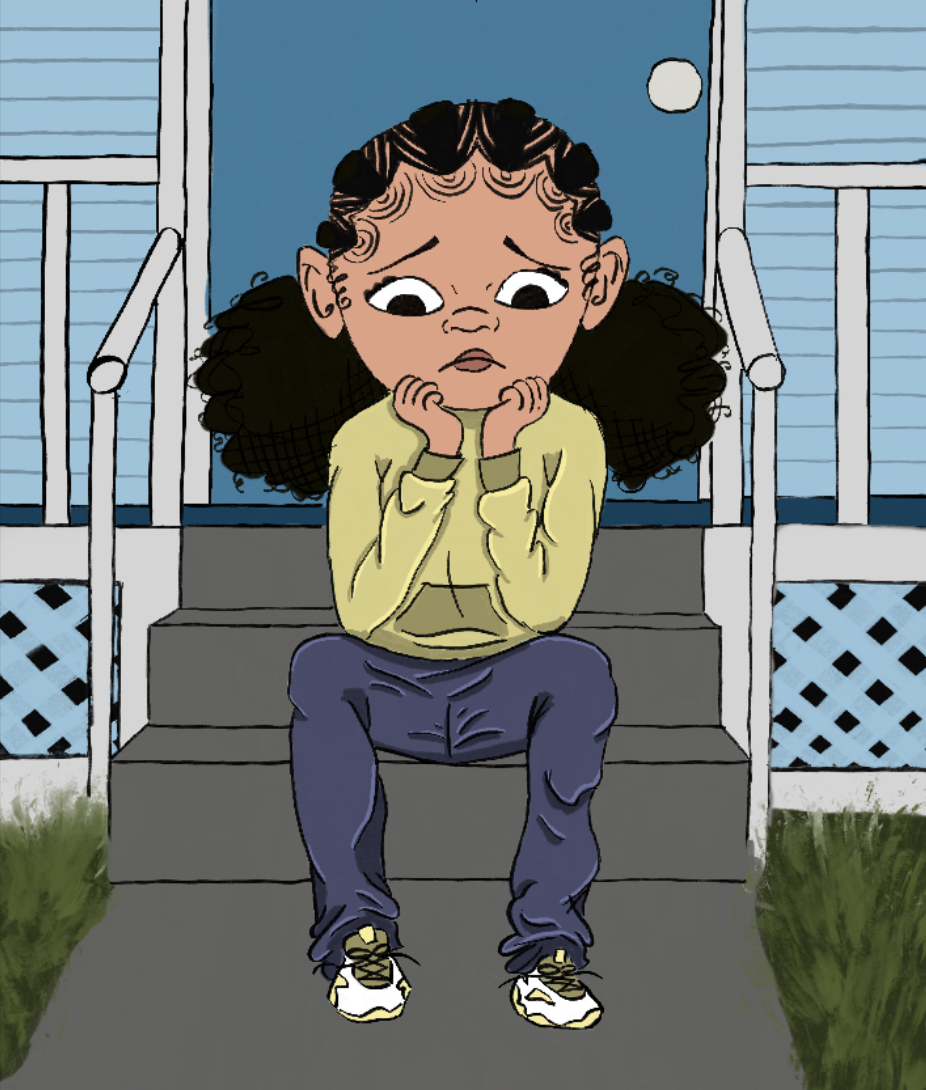 This is an illustration created by Henninger art students, showing a young girl sitting on a front porch step looking down.