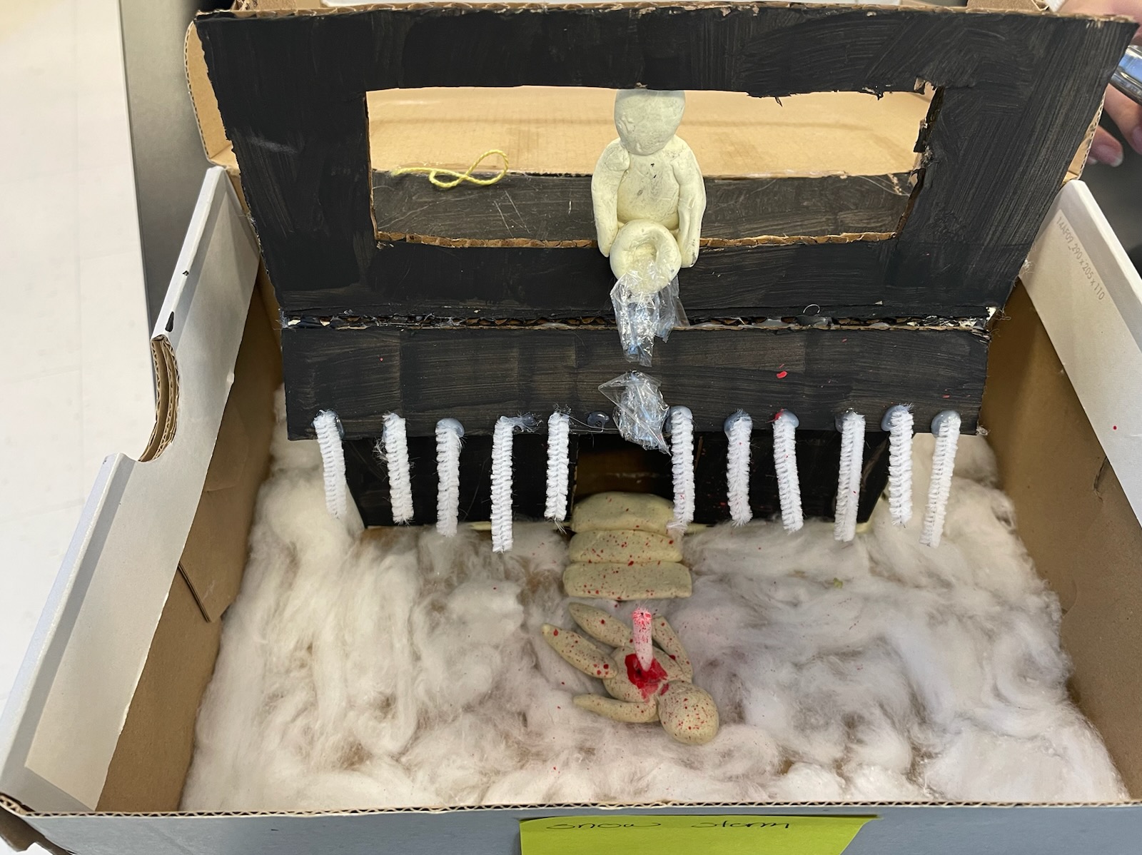 This is a photo of a student's crime scene in a shoebox project.