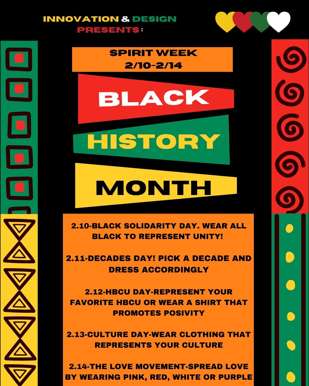 Black history month spirit week flyer. Details on poster listed on table to right.